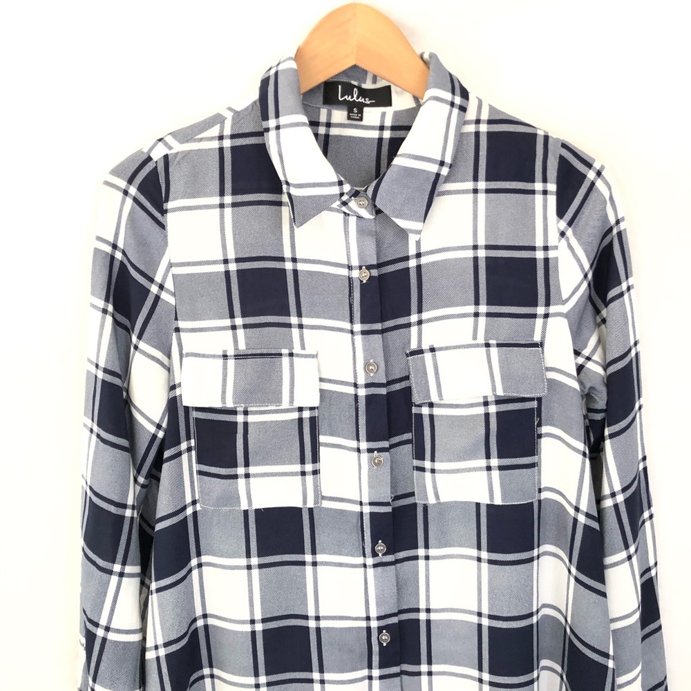 Lulu’s Weekend Game Navy Plaid Shirt Dress S - Picture 6 of 10